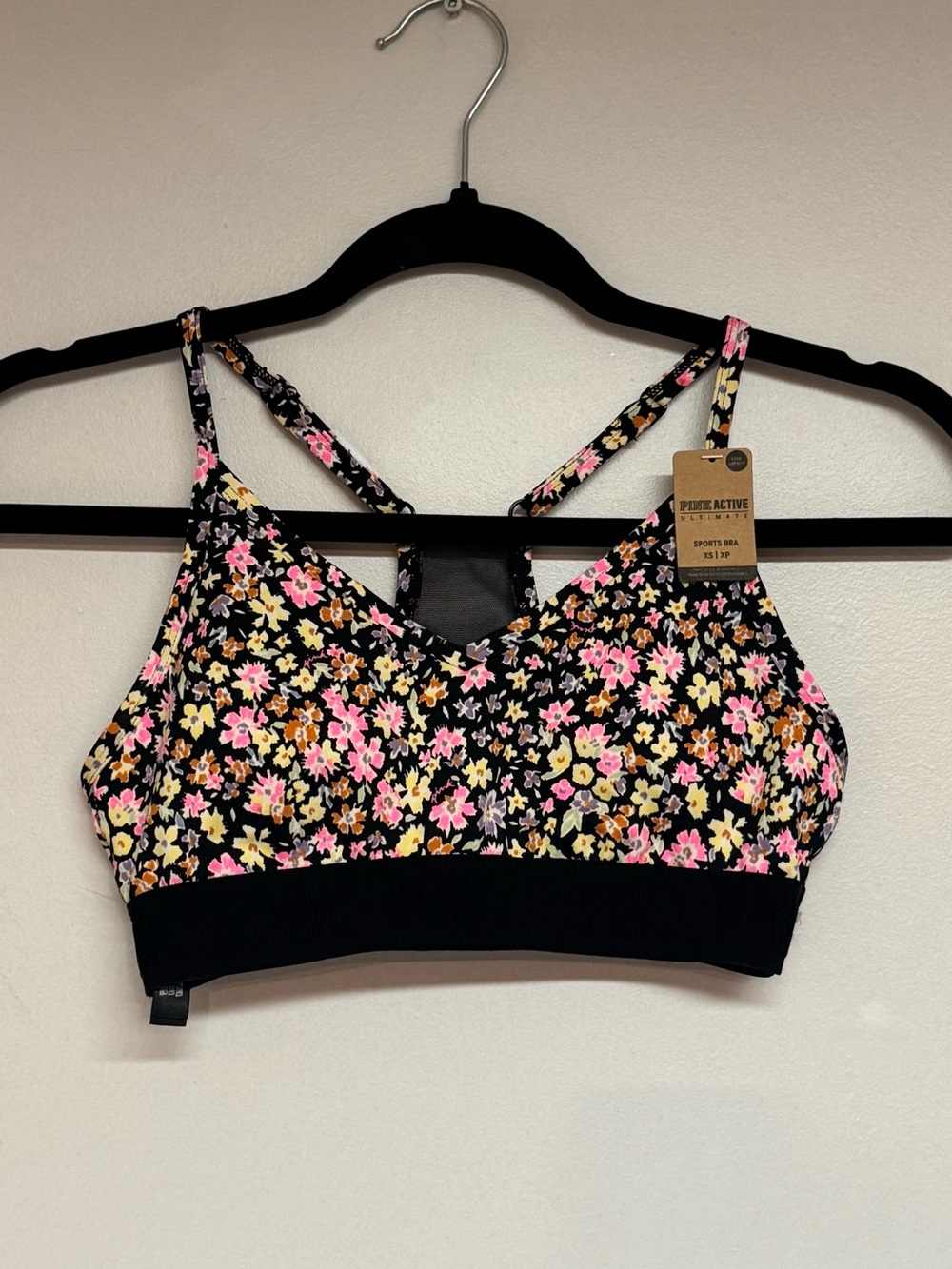 NWT - VS PINK Black Floral Strappy Sports Bra